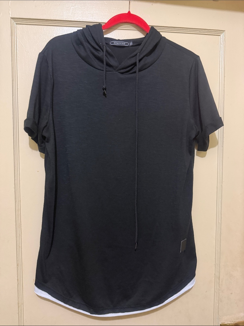 Black Short-Sleeve Hooded Top w/Drawstring